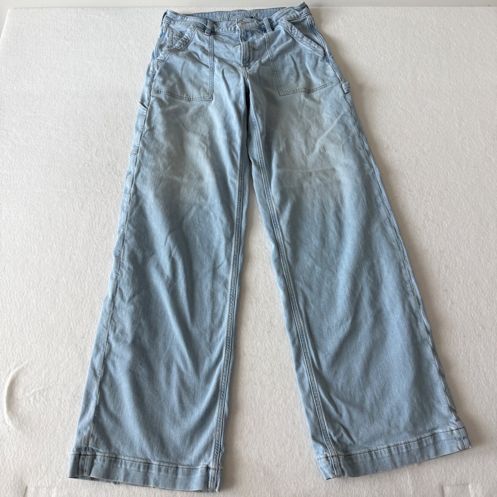 American Eagle Wide Leg Carpenter Jeans Womens 10 Light Wash Stretch Denim
